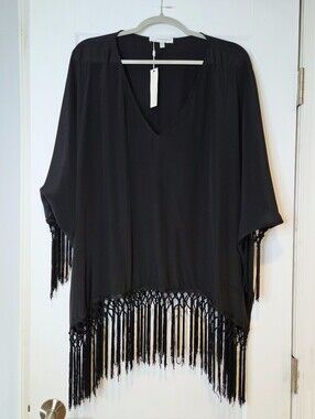 Lavender Brown NWT 100% Silk Black Fringe Poncho Top Size L